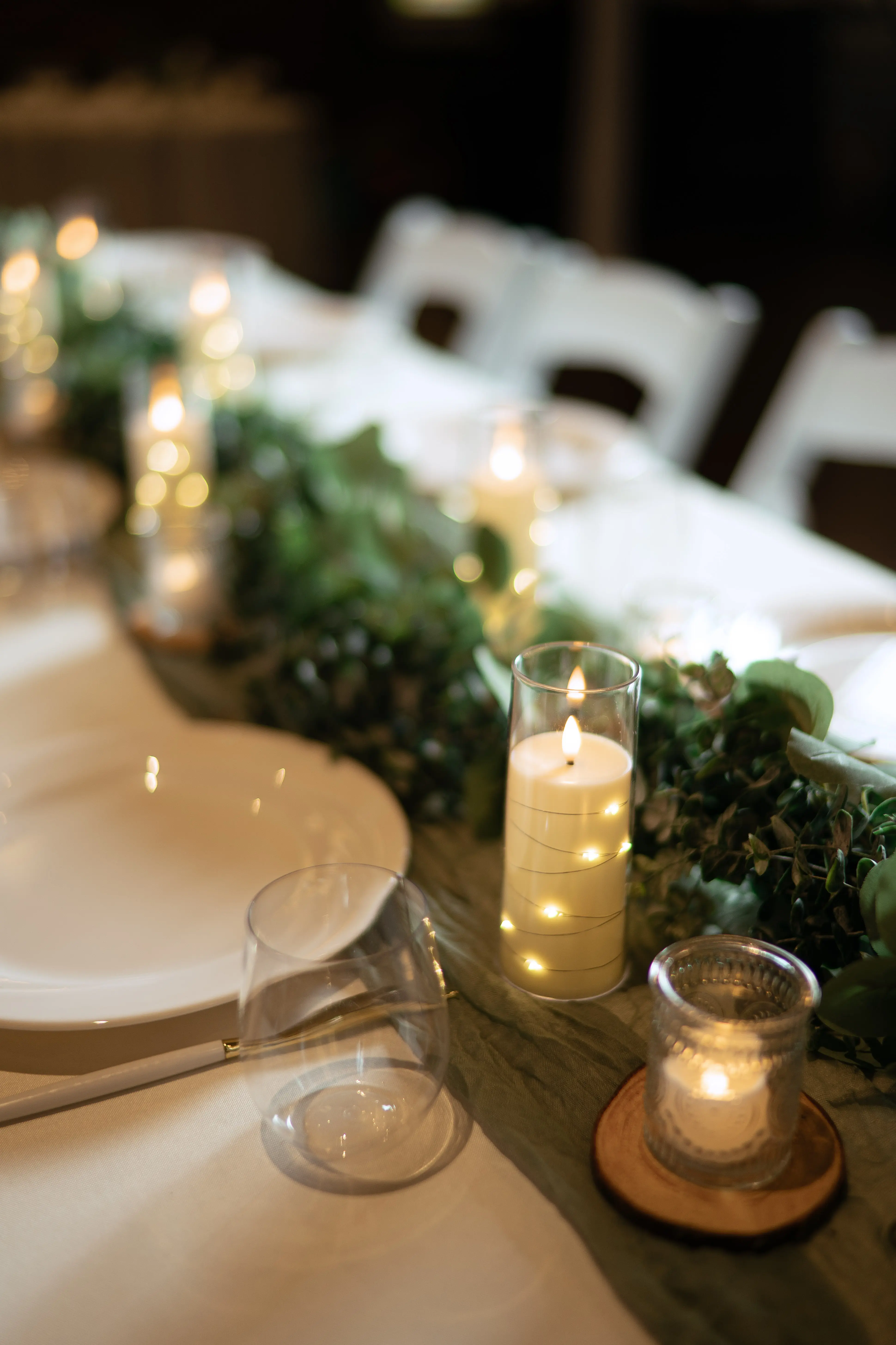 Brick church interior with golden window light, painterly film-inspired quality